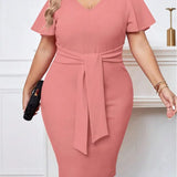 Vestido Midi Manga Curta Rosa